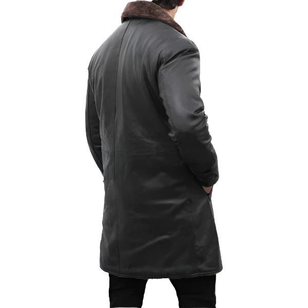 Trench-coat en cuir noir doublé en peau de mouton pour homme