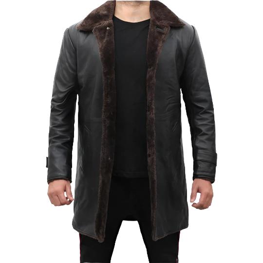 Trench-coat en cuir noir doublé en peau de mouton pour homme