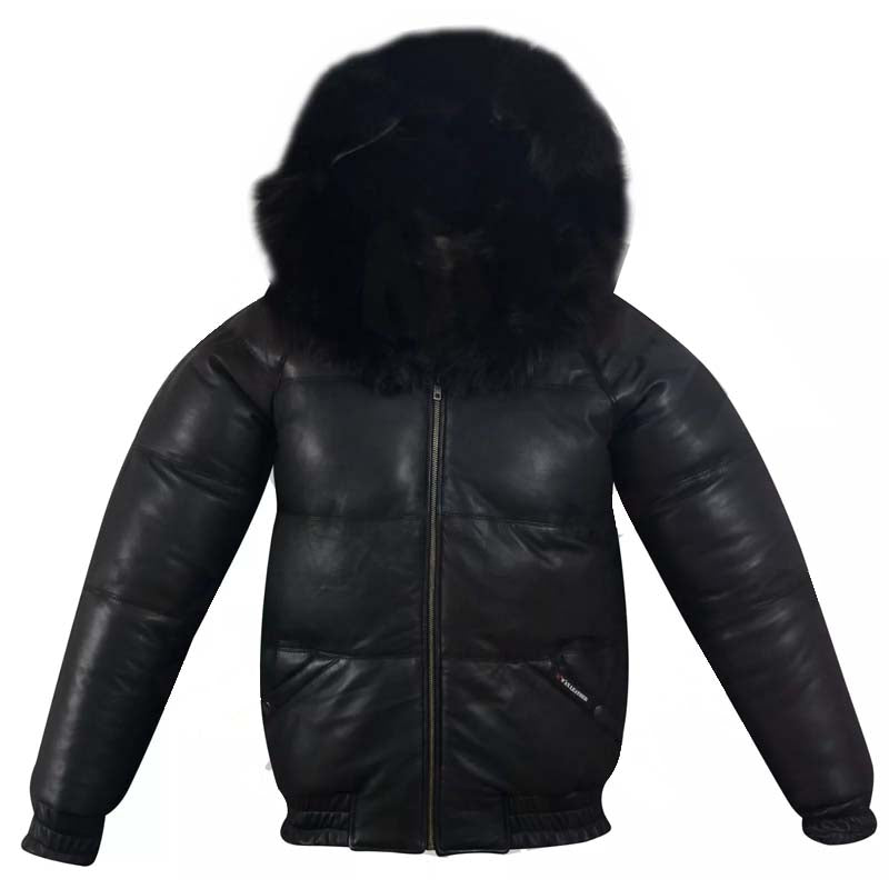 Veste en cuir de mouton pour homme avec col et capuche amovibles en fourrure de raton laveur