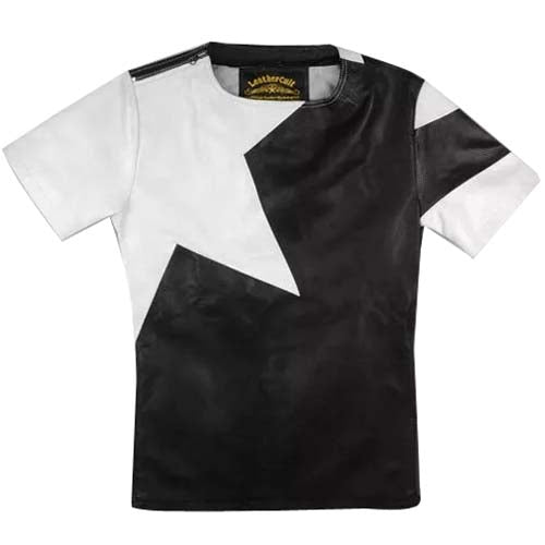 T-shirt en cuir de mouton noir et blanc pour homme avec motif étoile