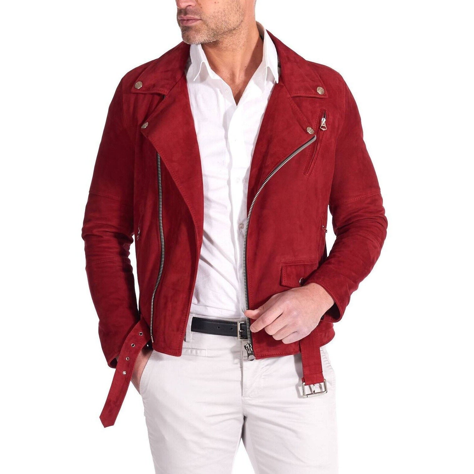 Veste de motard en cuir suédé rouge coupe slim pour homme