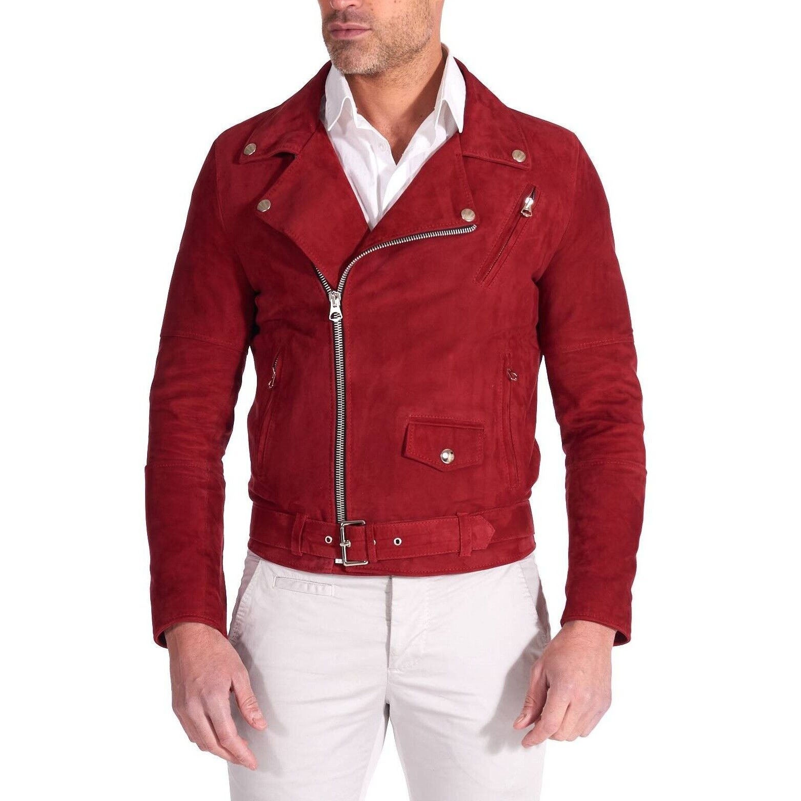 Veste de motard en cuir suédé rouge coupe slim pour homme