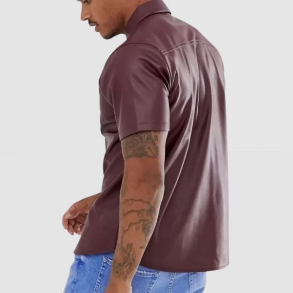 Chemise à manches courtes en cuir de mouton véritable bordeaux pour homme, style urbain