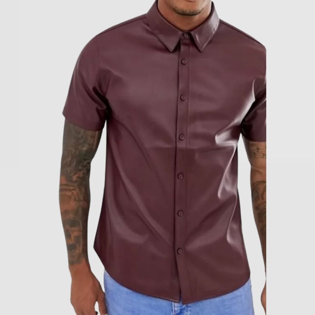 Chemise à manches courtes en cuir de mouton véritable bordeaux pour homme, style urbain