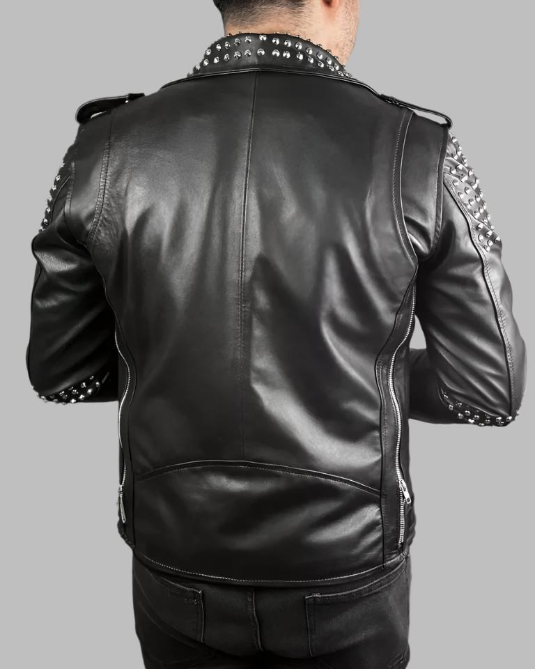 Veste en cuir clouté pour homme - Veste de moto en cuir de vachette véritable