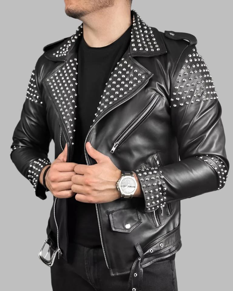 Veste en cuir clouté pour homme - Veste de moto en cuir de vachette véritable