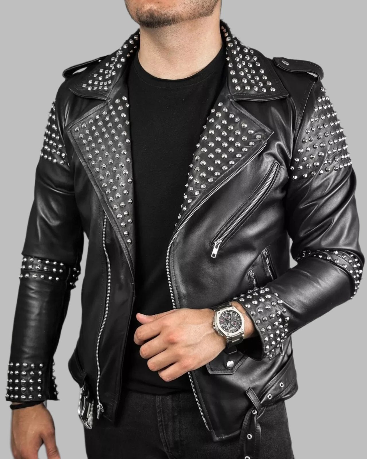 Veste en cuir clouté pour homme - Veste de moto en cuir de vachette véritable