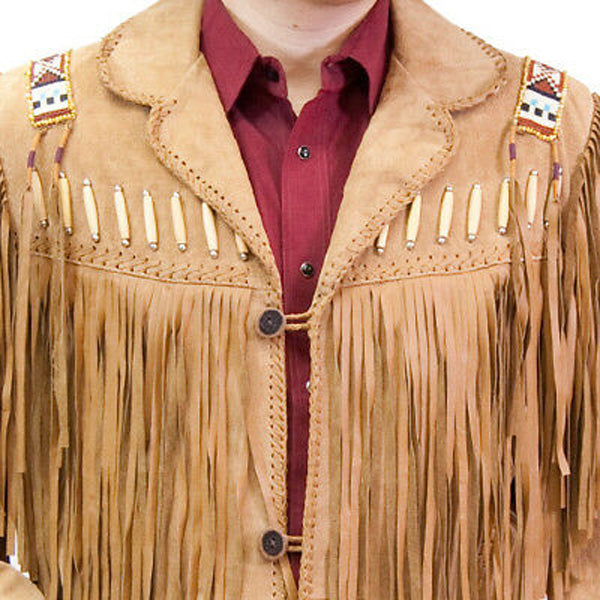 Veste de cowboy en cuir suédé pour homme avec manteau western à franges et perles