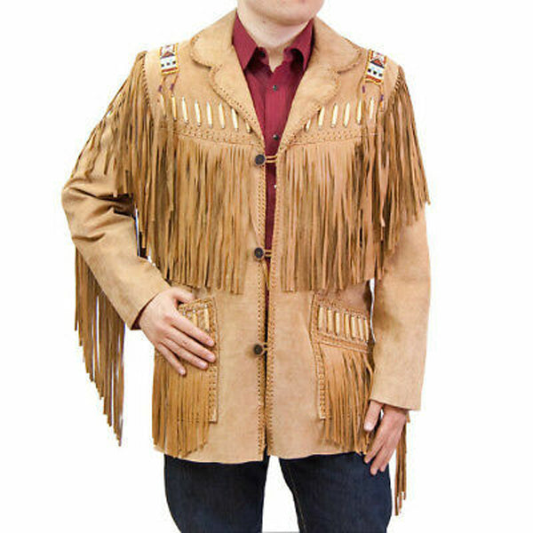 Veste de cowboy en cuir suédé pour homme avec manteau western à franges et perles