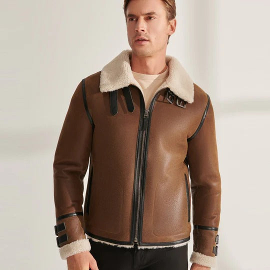 Veste aviateur en cuir et peau de mouton marron B3 RAF pour homme