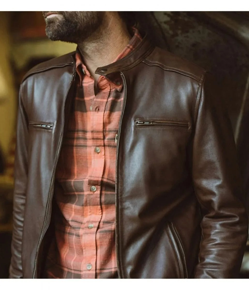 Veste moto en cuir marron Thompson pour homme