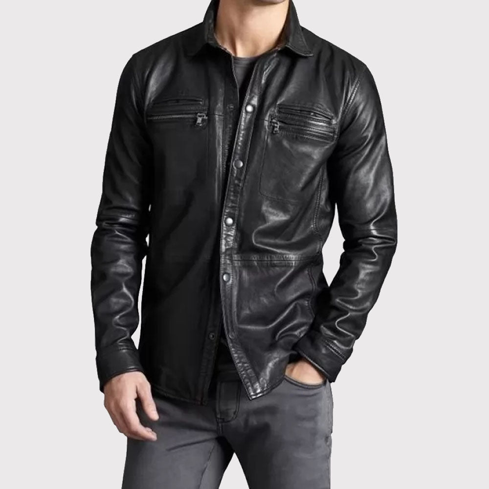 Chemise tendance en cuir noir véritable peau de mouton pour homme