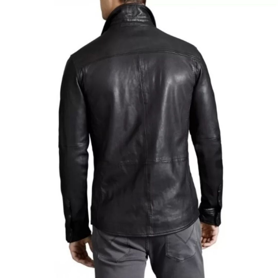 Chemise tendance en cuir noir véritable peau de mouton pour homme