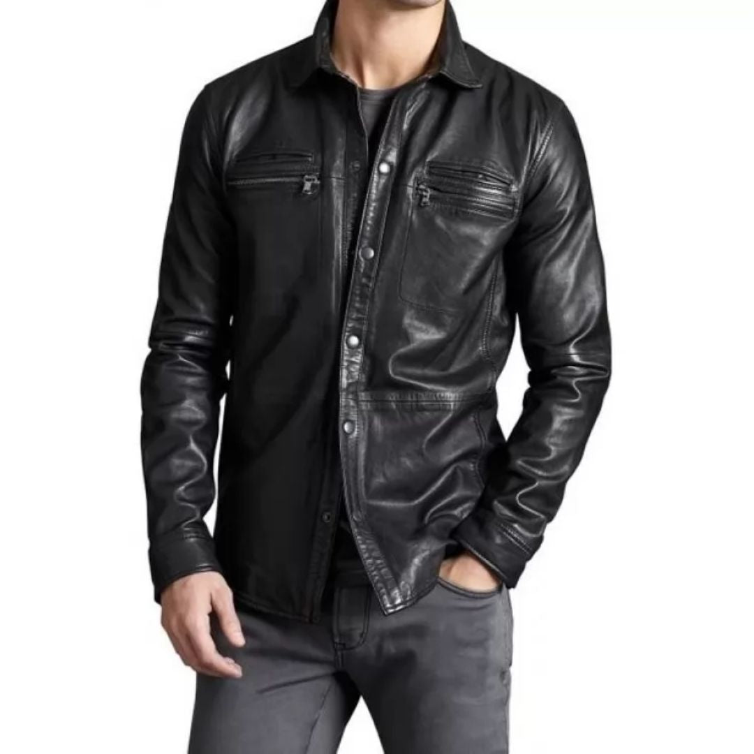 Chemise tendance en cuir noir véritable peau de mouton pour homme