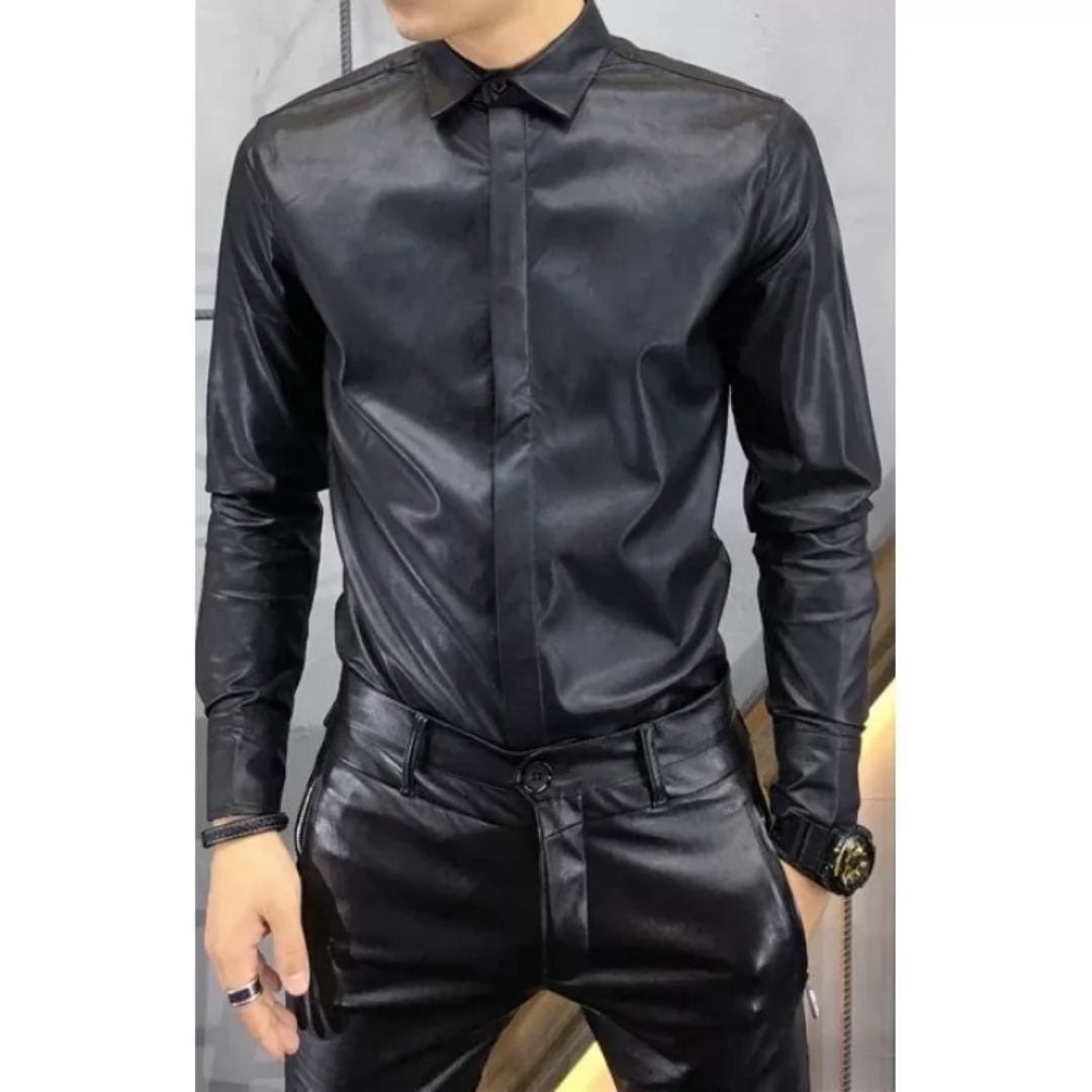 Chemise tendance en cuir noir véritable peau de mouton pour homme