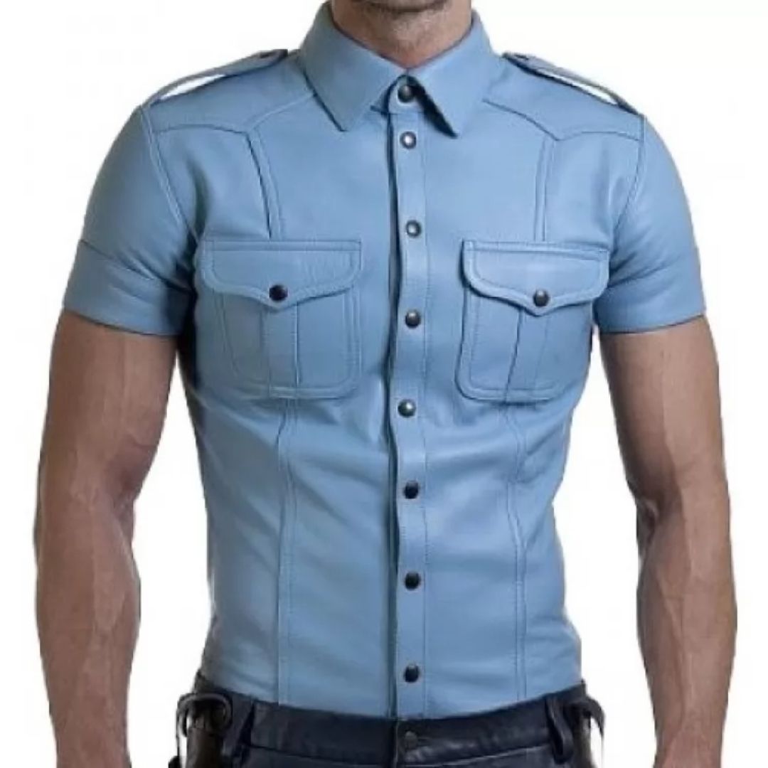 Chemise en cuir véritable bleu pour homme - Très chaud