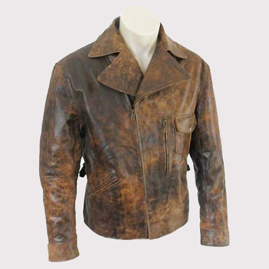 Men's Vintage 70s Biker Style Leather Jacket - Genuine Cowhide Distressed Brown