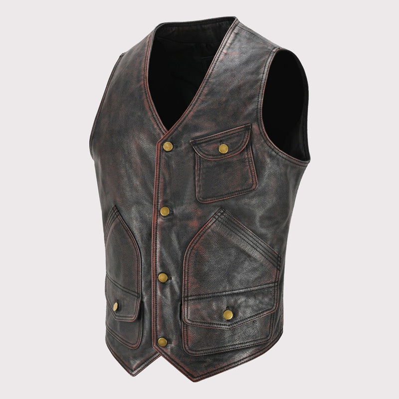 Vintage Black Red Waxed Leather Vest for Men