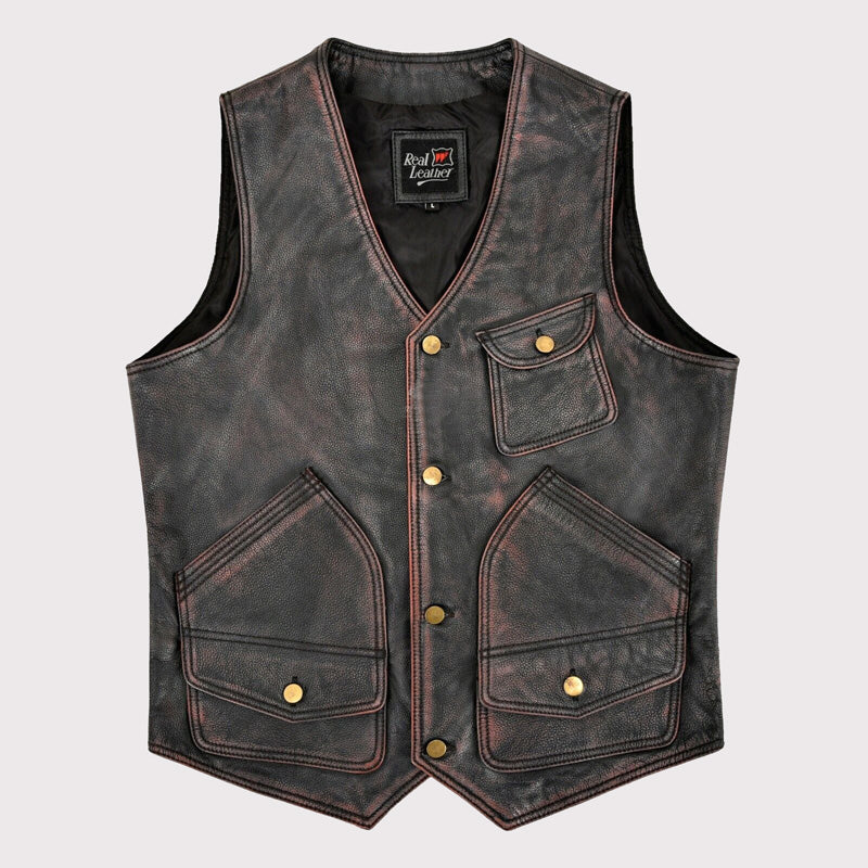 Vintage Black Red Waxed Leather Vest for Men