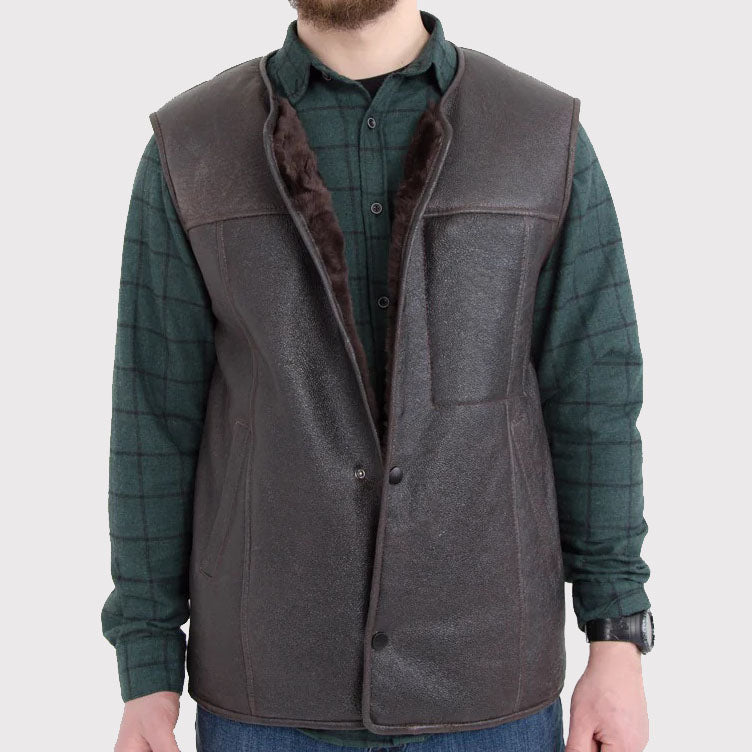 Gilet en peau de mouton western pour homme avec poche avant zippée secrète