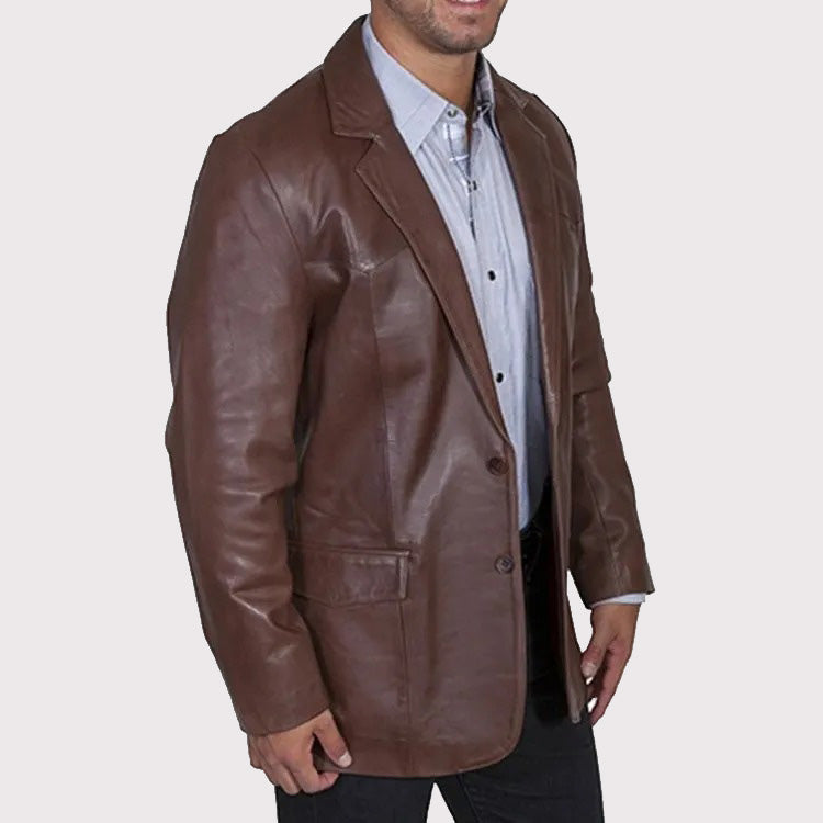 Blazer de sport en cuir marron foncé de style western pour homme