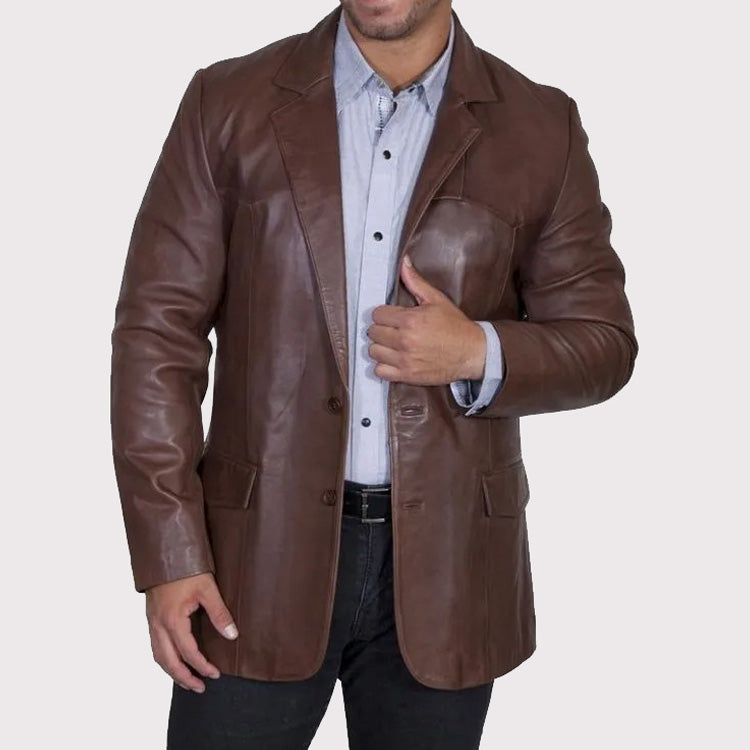 Blazer de sport en cuir marron foncé de style western pour homme