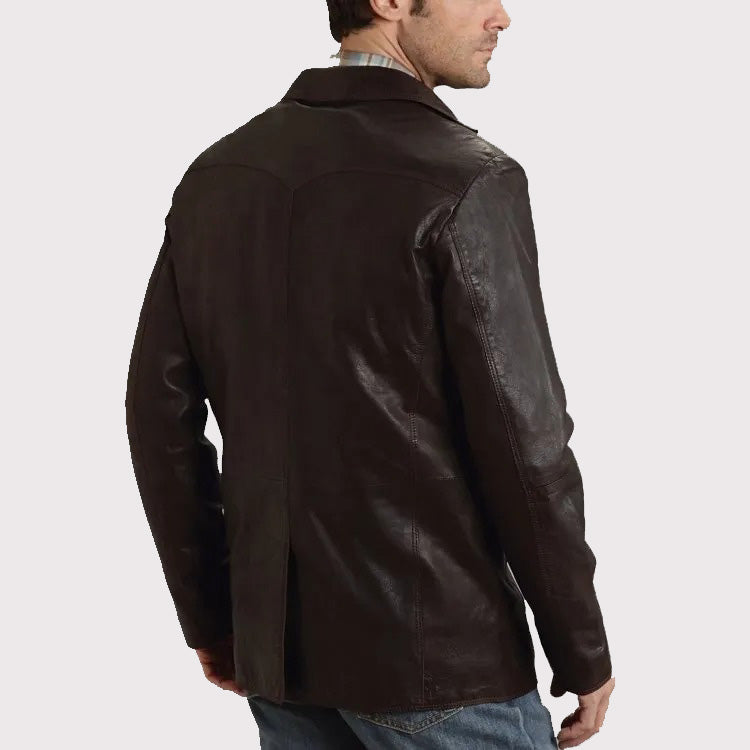 Veste blazer en cuir marron lisse de style western pour homme