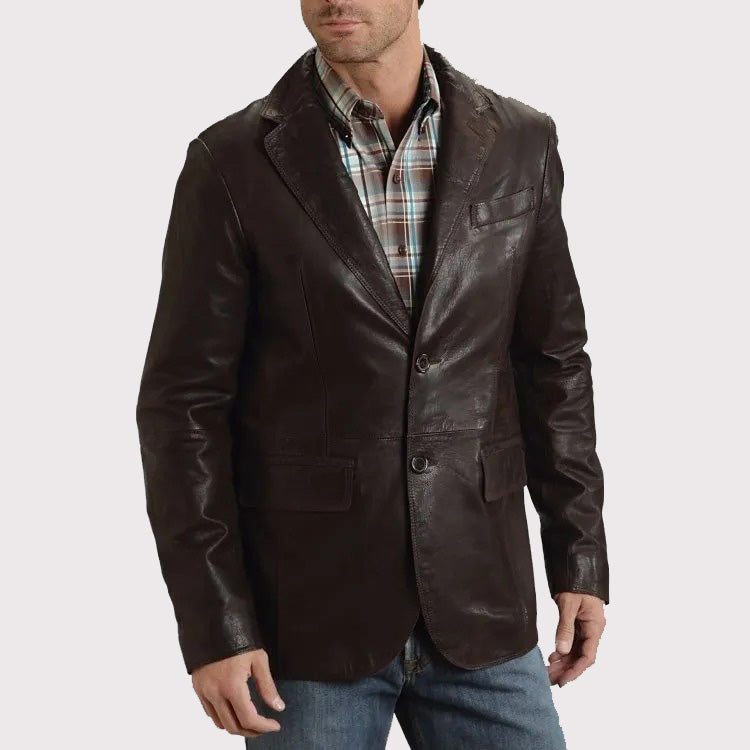 Veste blazer en cuir marron lisse de style western pour homme