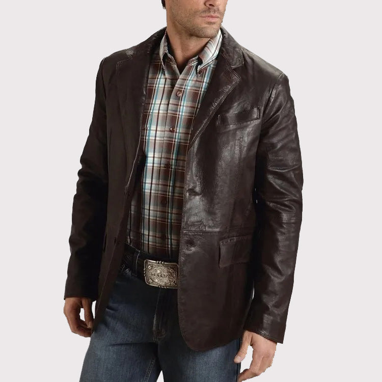 Veste blazer en cuir marron lisse de style western pour homme