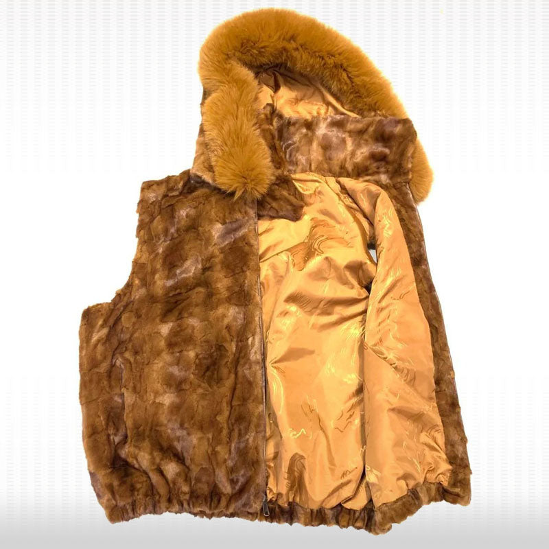 Gilet à capuche en fourrure de renard à coupe diamantée Whisky Mink pour homme