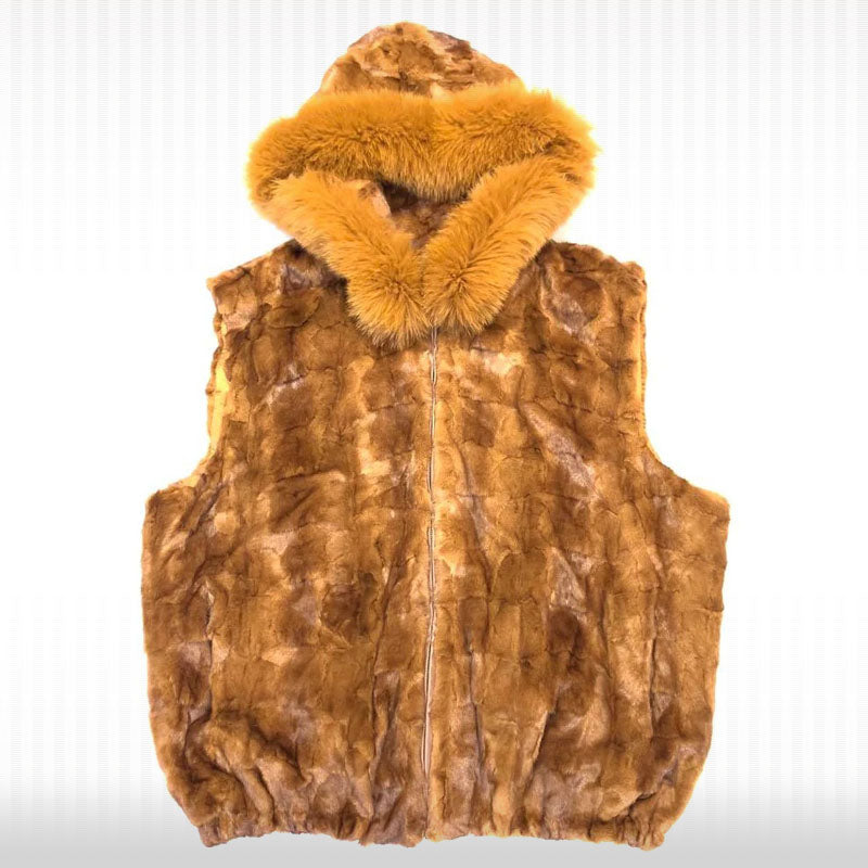 Gilet à capuche en fourrure de renard à coupe diamantée Whisky Mink pour homme