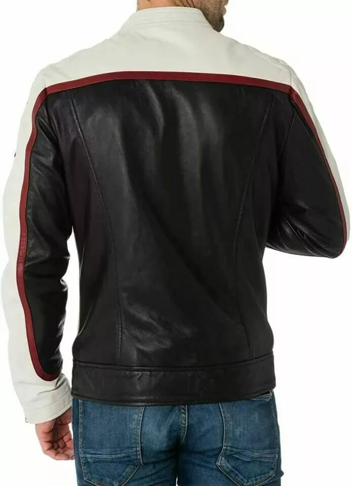 Veste de motard en cuir d'agneau véritable blanc et noir pour homme