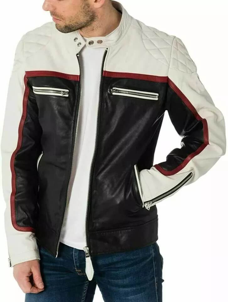 Veste de motard en cuir d'agneau véritable blanc et noir pour homme