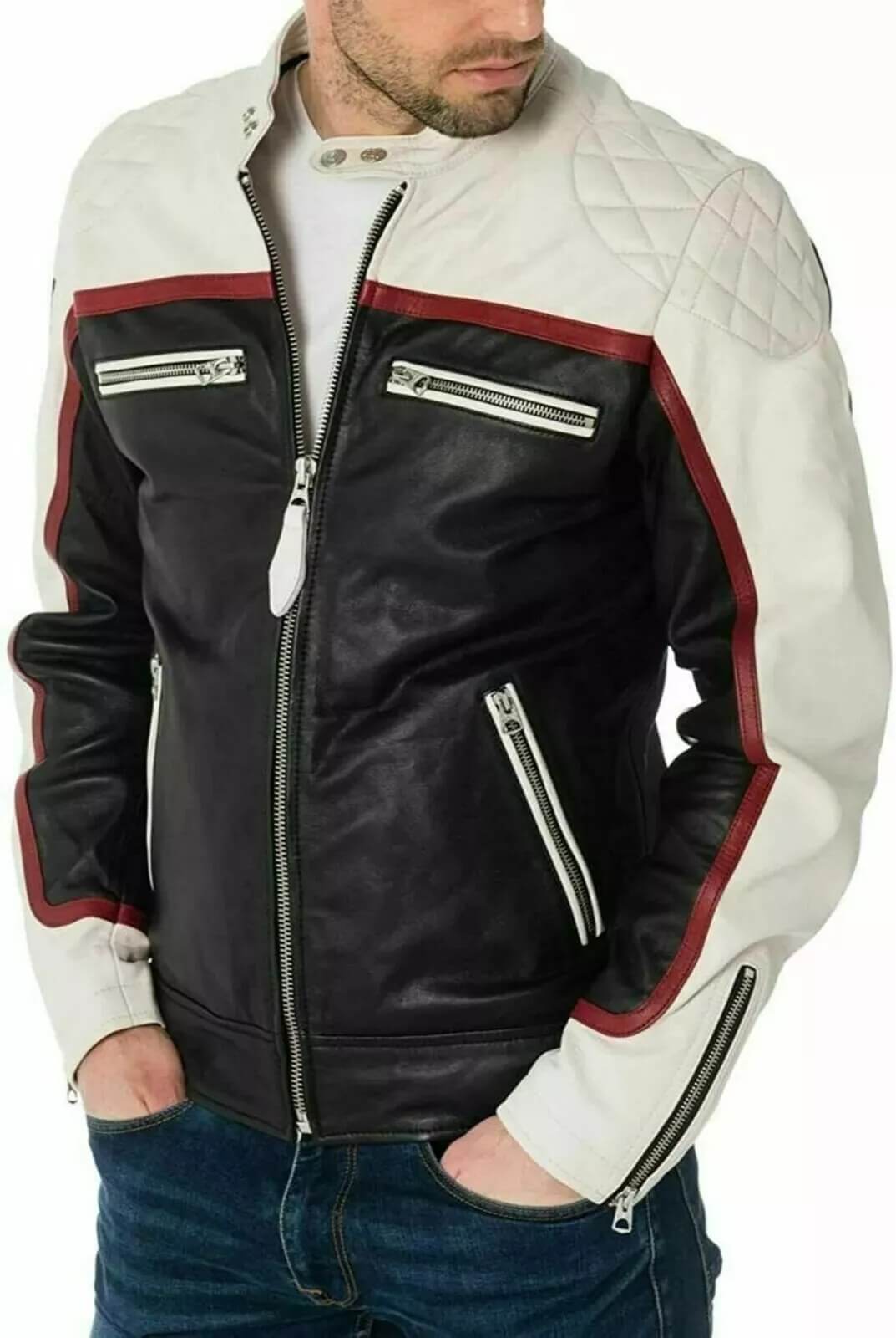 Veste de motard en cuir d'agneau véritable blanc et noir pour homme