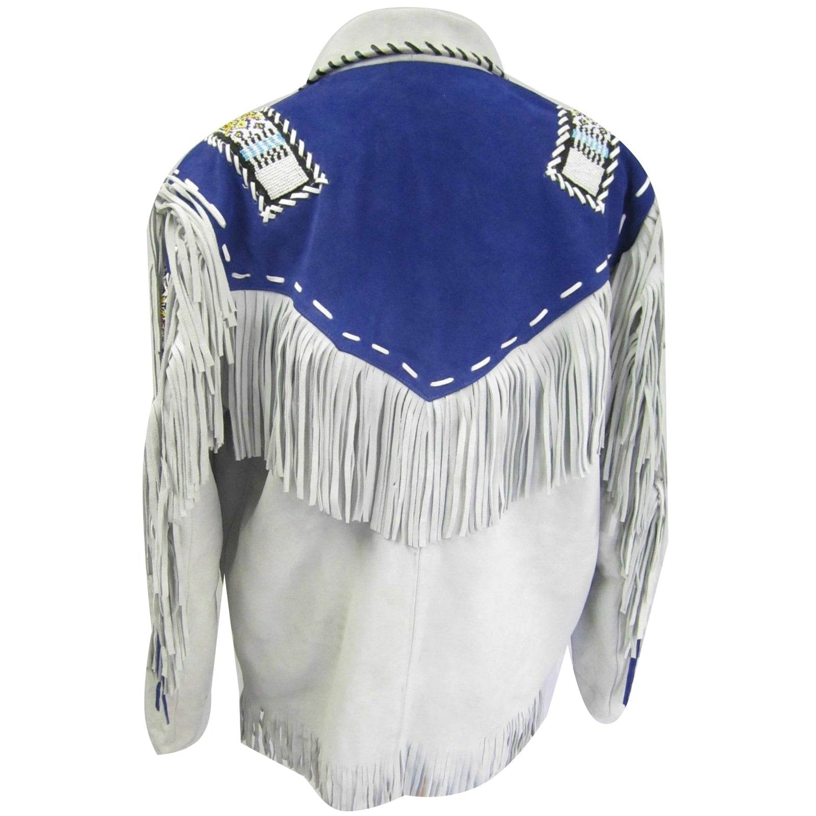 Manteau de cow-boy en cuir suédé blanc et bleu pour homme avec veste à franges et perles