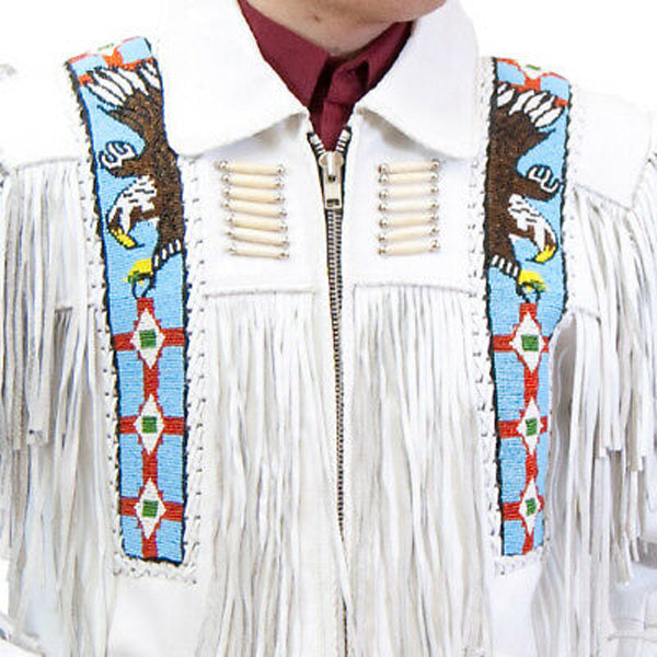 Veste en cuir suédé blanc pour homme avec motif de cow-boy à franges et perles d'aigle