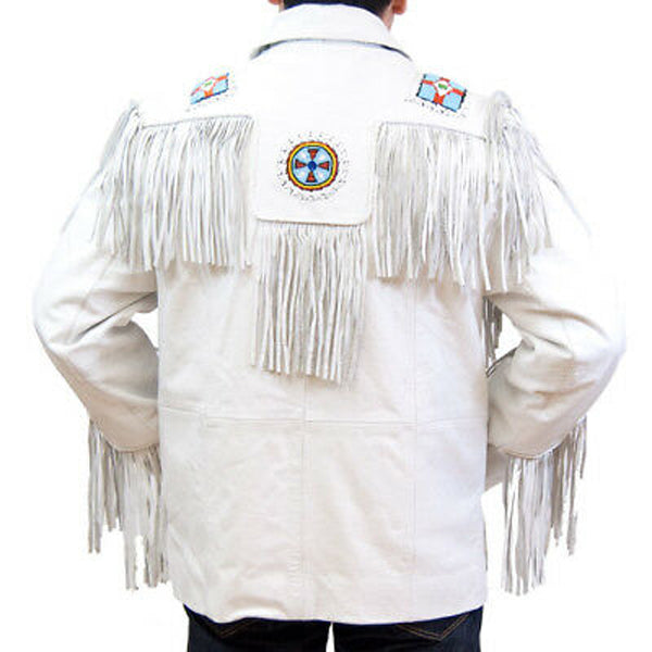 Veste en cuir suédé blanc pour homme avec motif de cow-boy à franges et perles d'aigle