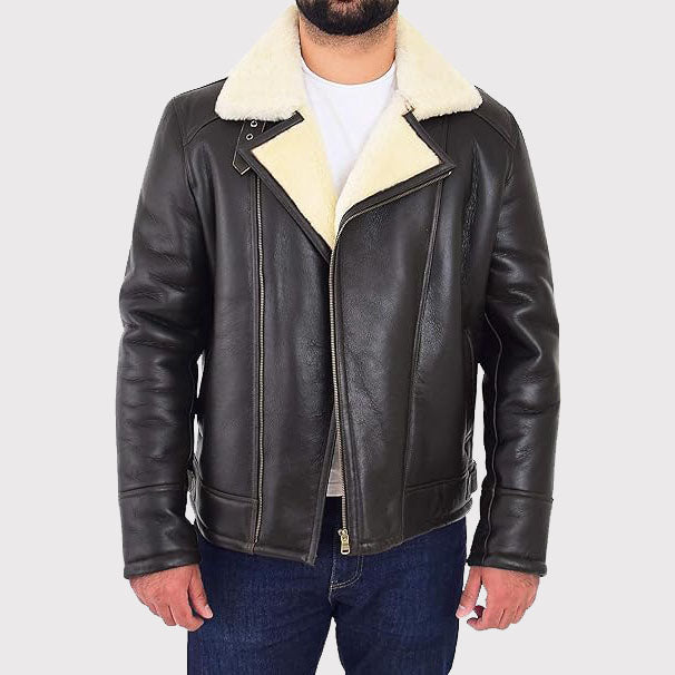 Manteau aviateur ajusté en peau de mouton pour homme avec fermeture éclair en X - Veste de vol en peau de mouton