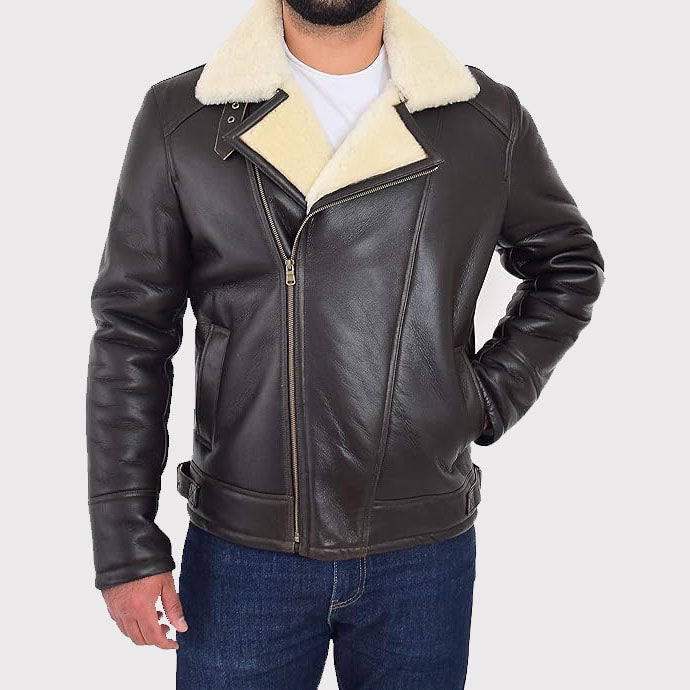 Manteau aviateur ajusté en peau de mouton pour homme avec fermeture éclair en X - Veste de vol en peau de mouton