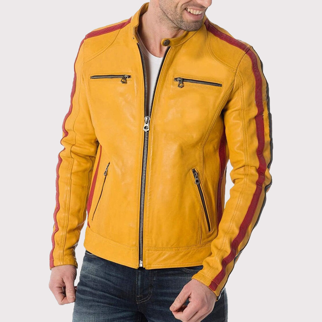 Veste de moto en cuir jaune pour homme – Roulez avec style !