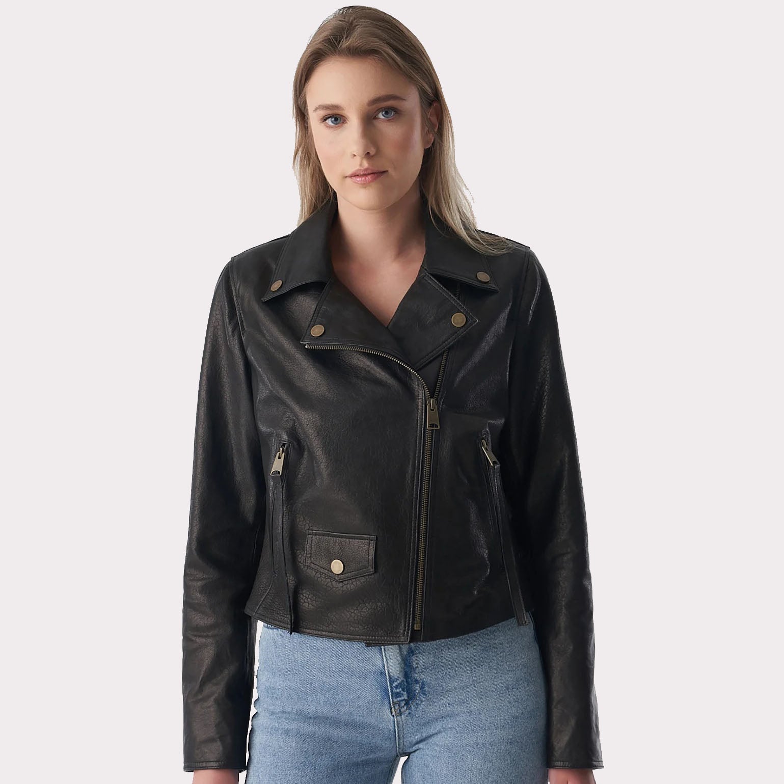 Veste de motard classique noire à grain naturel pour femme