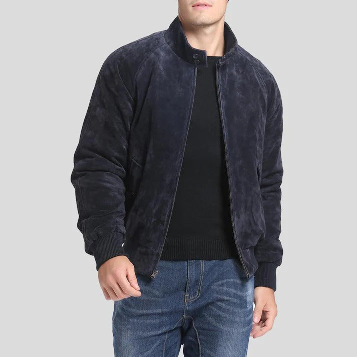 Men's Navy Blue Suede Bomber Leather Jacket