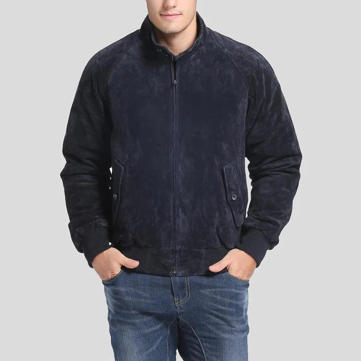 Men's Navy Blue Suede Bomber Leather Jacket