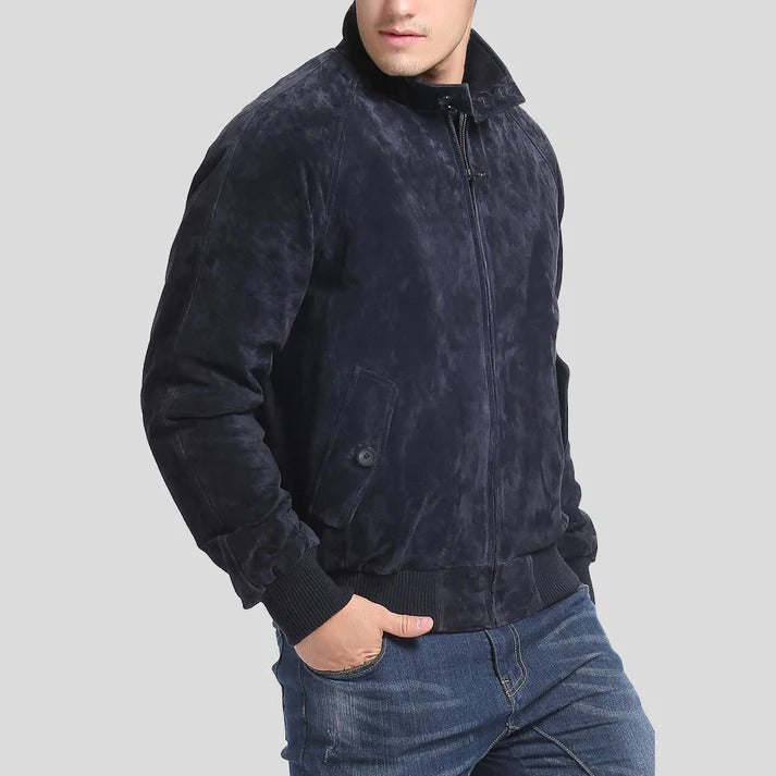 Men's Navy Blue Suede Bomber Leather Jacket