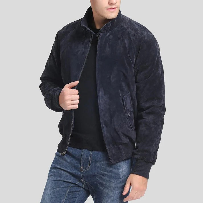 Men's Navy Blue Suede Bomber Leather Jacket