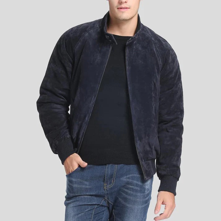 Men's Navy Blue Suede Bomber Leather Jacket