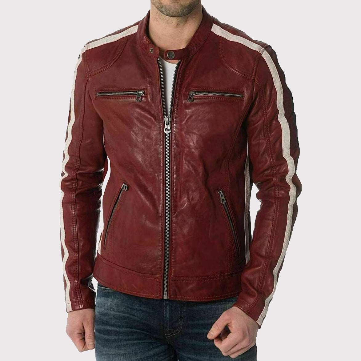 Veste de motard en cuir d'agneau rouge de créateur pour homme