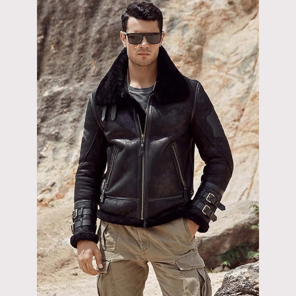 Nouvelle veste aviateur en peau de mouton noire B3 pour homme