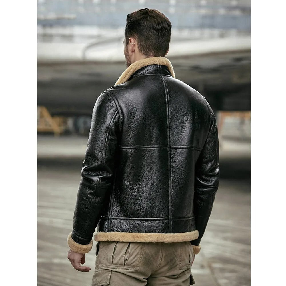 Veste de moto en peau de mouton noire B3 pour homme - Manteau en fourrure de mouton