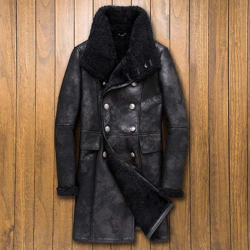 Nouveau manteau long en peau de mouton noir B3 pour homme